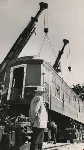 Tram 1223 being moved to Burnaby's Centennial Heritage Village, July 17, 1971 thumbnail