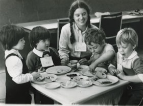 Loretta Seemann with 3 year olds Alison, Evan, Kalen, and Robbi, ca.1983 thumbnail