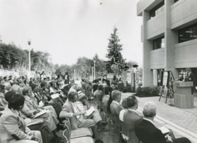 Man giving a speech to a crowd, ca.1983 thumbnail