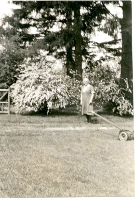 Sarah Waplington mowing, [ca. 1940] thumbnail