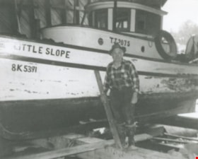 Tom Johnson and his fishing boat, [195-?] (date of original), copied 1992 thumbnail