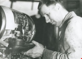 Bill Price at shoe stitching machine, [194-] thumbnail