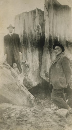 Mr. Tough and G.L. Lawson beside a tree stump, 1921 thumbnail