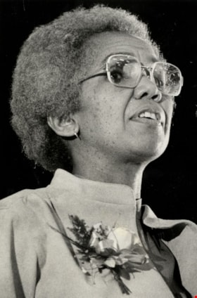 Rosemary Brown speaking on a stage, January 24, 1979 thumbnail