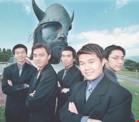 Students with Burnaby North mascot statue, [2000] thumbnail