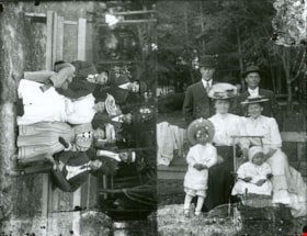 two groups sitting on a park bench, [190-] thumbnail