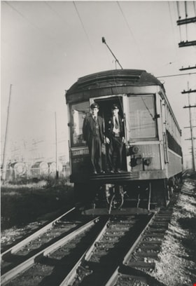 Bud Pope and Bill Stewart on Interurban tram 1224, [1953] (date of original), copied 1985 thumbnail