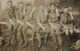 First New Westminster Boy Scout troop on log, [192-] thumbnail