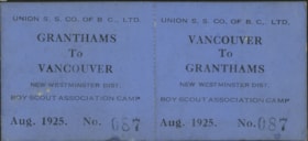 Tickets  for New Westminster District Boy Scout camp, Aug. 1925 thumbnail