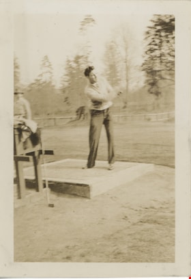Crichton Hawkshaw swinging a golf club, 18 Apr. 1937 thumbnail