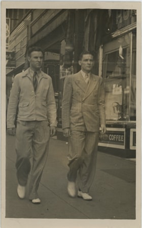 Crichton Hawkshaw and Jack Knechtle walking down the street, [1938] thumbnail