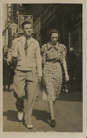 Crichton Hawkshaw and Ivy Hawkshaw walking down the street, [1938] thumbnail