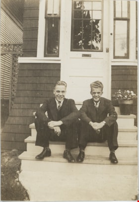 Alan Hughes with friend on steps of house, Sep. 1938 thumbnail