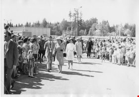 Queen Elizabeth II, Prince Philip and officials during Royal visit to Burnaby Municipal Hall, 7 May 1971 thumbnail