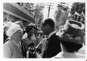 Prince Philip and crowd during Royal visit to Burnaby Municipal Hall, 7 May 1971 thumbnail
