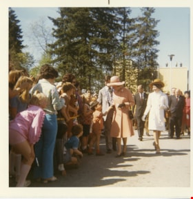 Queen Elizabeth II and crowd during Royal visit to Burnaby Municipal Hall, 7 May 1971 thumbnail