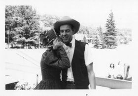 Mary Trainer and man in pioneer costume, 20 July 1971 thumbnail