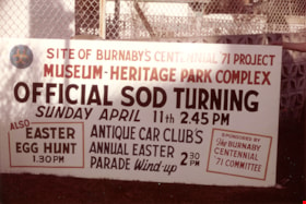 Sign for Heritage Village sod turning, April 1971 thumbnail