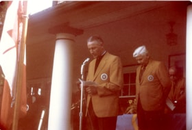 Monsignor Brown speaking at the official Heritage Village sod-turning, 11 April 1971 thumbnail