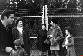 Rose Bancroft and visitors at entrance to Heritage Village, 1971 thumbnail