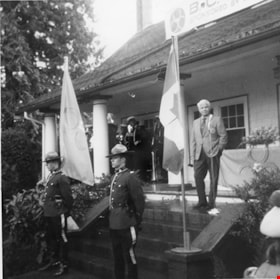 RCMP officers and Sandy Stewart outside Elworth House, Heritage Village, 11 April 1971 thumbnail