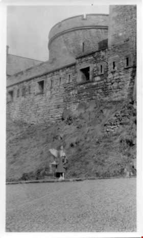 Rhoda Jeffers in front of a stone castle, [1952] thumbnail