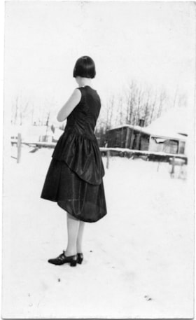 Rhoda Jeffers modeling a dress while standing in snow, [1926] thumbnail