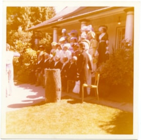 Group of people in costumes posing in front of a house., 1970-1980 thumbnail