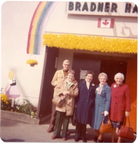 Four women and one man in front of Bradner Hall., 1970-1980 thumbnail