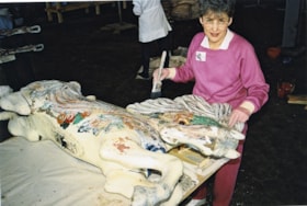 Faye Diamond applying stripper to carousel horse, [between 1990 and 1992] thumbnail