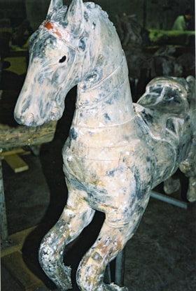 Carousel horse named Bingo under restoration, [between 1990 and 1992] thumbnail