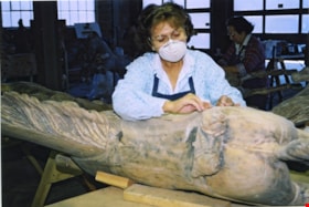 Anne King working on restoration of carousel horse, [between 1990 and 1992] thumbnail