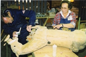 Keith Jamieson and Dorothy Clarke making repairs to carousel horse, [between 1990 and 1992] thumbnail