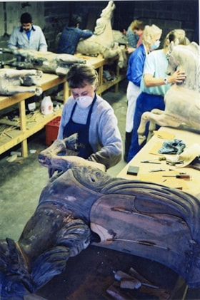 Volunteer working on restoration of carousel horse, [between 1990 and 1992] thumbnail