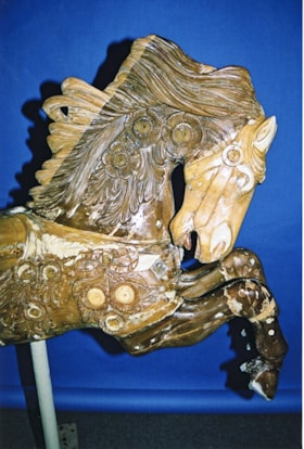 Detail of carousel horse named Migonette with varnish, [between 1990 and 1992] thumbnail