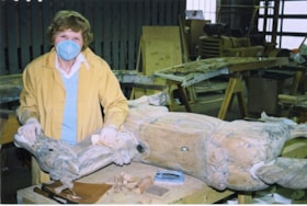 Restoration volunteer Jo Olson working on carousel horse, [between 1990 and 1992] thumbnail