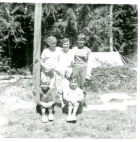 Group of five young women and tent, [between 1958 and 1960] thumbnail