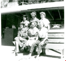 Group of six women on benches, Aug 1959 thumbnail