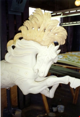 Carousel horse named Lillie Belle primed after restoration, [between 1989 and 1999] thumbnail