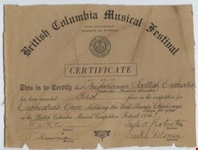 Image of British Columbia Music Festival Certificate, [1926] (date of original) thumbnail