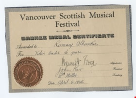 Vancouver Scottish Musical Festival Certificate, 9 Apr. 1935 (date of original), copied [2016] thumbnail