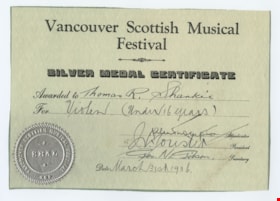 Vancouver Scottish Musical Festival Certificate, 31 Mar. 1936 (date of original) thumbnail