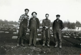 Four men standing on ʷməθkʷəy̓əm (Musqueam) First Nation farmland, [1951] (date of original), copied 2017 thumbnail