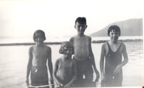 Eleanor and Louise Irwin and Maureen and Bobby Johnston in swimsuits, [1934] (date of original), copied 2004 thumbnail