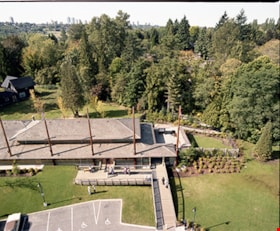 Bird's eye view of Burnaby Village Museum administration building, 15 Sep. 1992 thumbnail