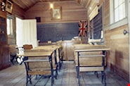 Interior of schoolhouse with desks, 1978 thumbnail