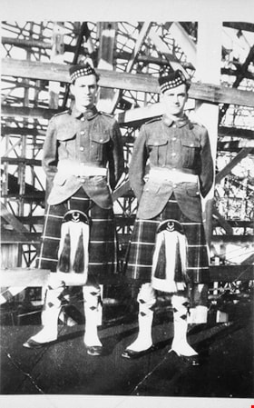 Men dressed in Scottish highland uniforms at Hastings Park, [194-] (date of original), copied 1996 thumbnail