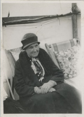Mary Conquest Stanley seated in deck chair, [192-] thumbnail