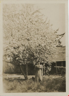 Esther Love Stanley in front of cherry tree, [191-] thumbnail