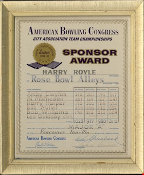 American Bowling Congress certificate, 1961 thumbnail